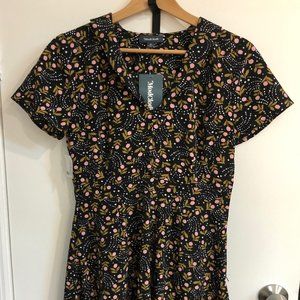 Black floral 40s style Modcloth fit and flare dress, size 4